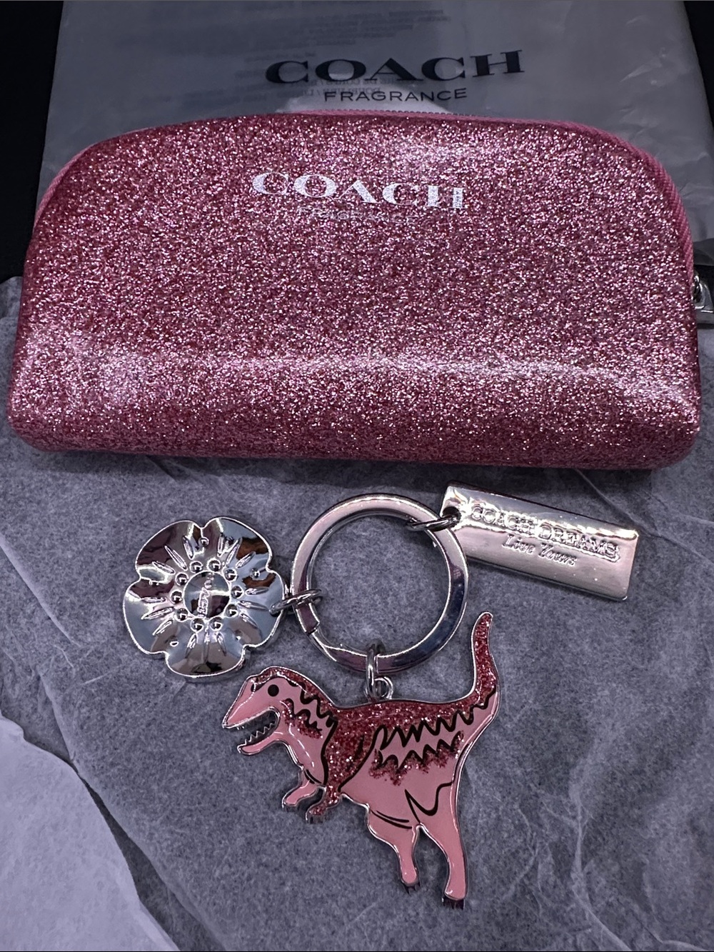 RARE NWT COACH Pink Glitter Coin Pouch with iconic mascot Rexy resin keychain - Picture 2 of 7